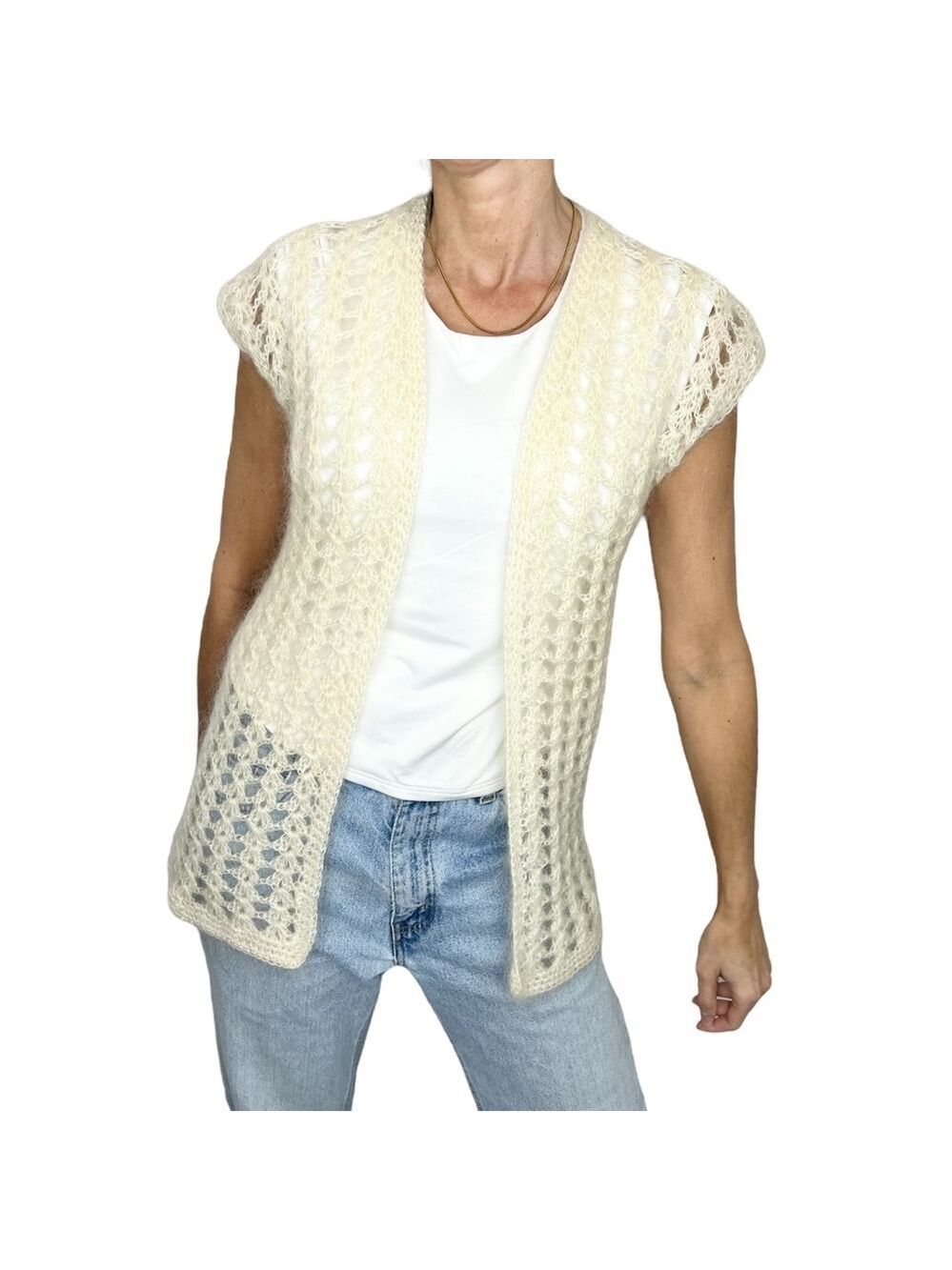 Soft fuzzy open knit sleeveless open front sweater vest